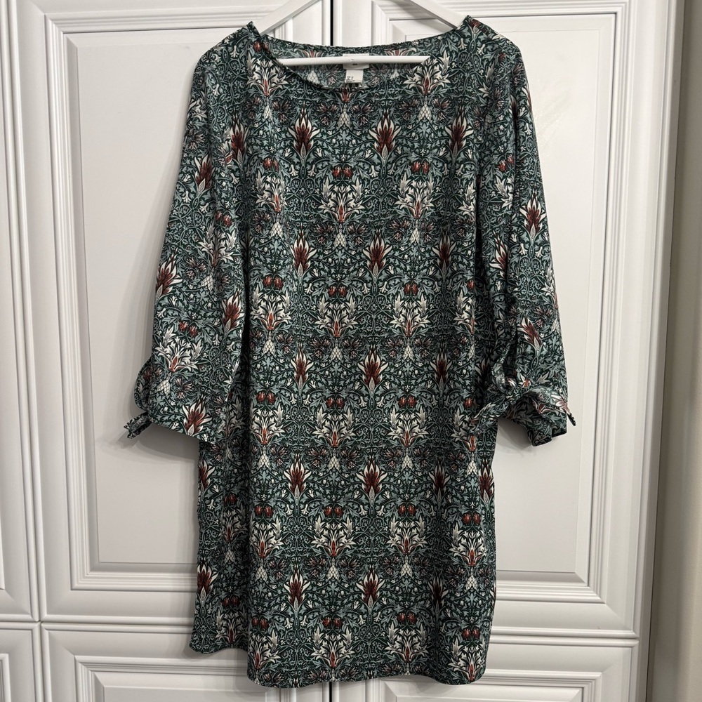 Morris & Co x H&M Size 12 Tunic Shift Dress Floral Print in Green Brown + Ivory